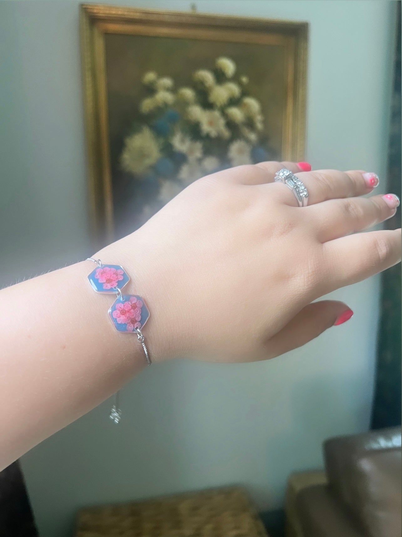 Blue Adjustable Bracelet| Pink Forget Me Nots