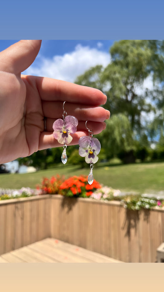 Pansy dangles with clear pendants