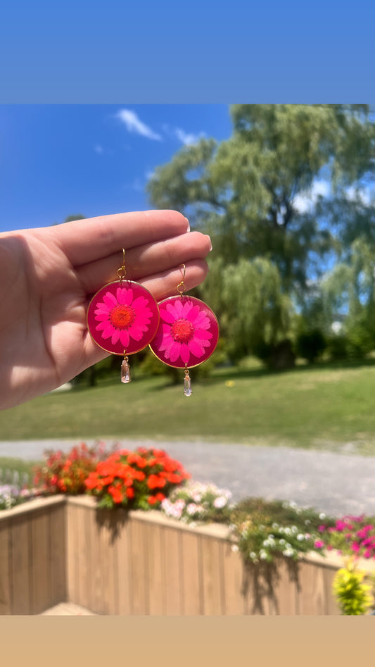 Hot pink daisies with crystal teardrop pendants