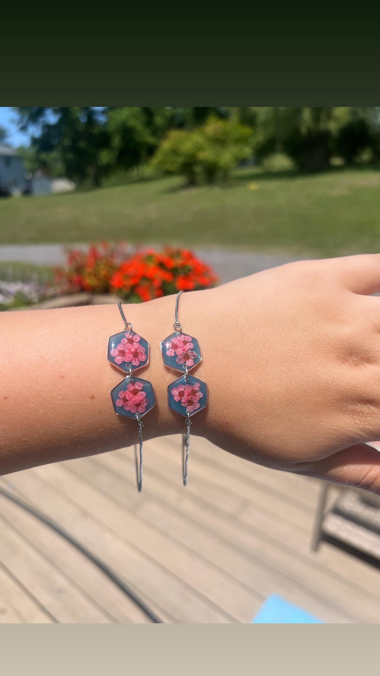 Blue Adjustable Bracelet| Pink Forget Me Nots