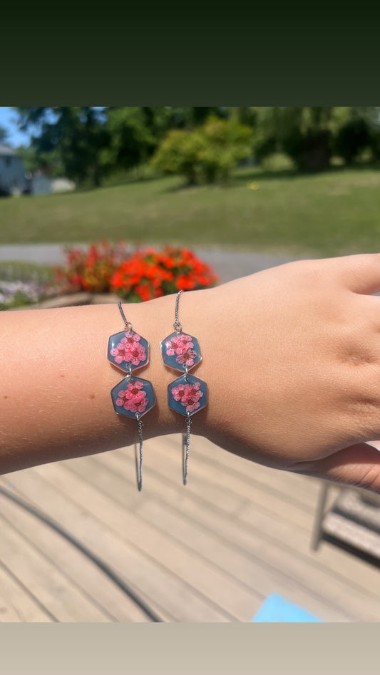 Blue Adjustable Bracelet| Pink Forget Me Nots