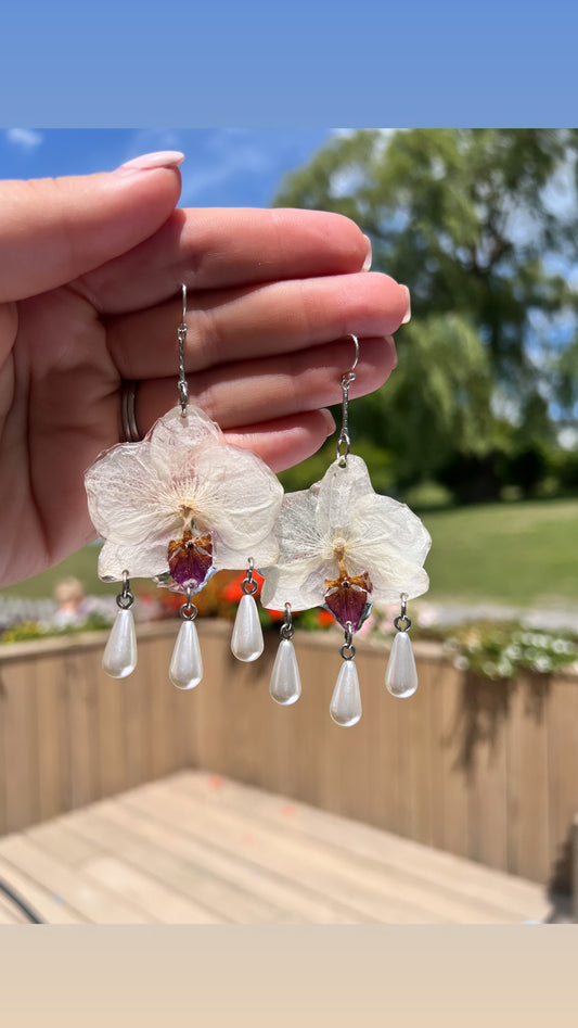 White orchid dangles with imitation pearls ￼