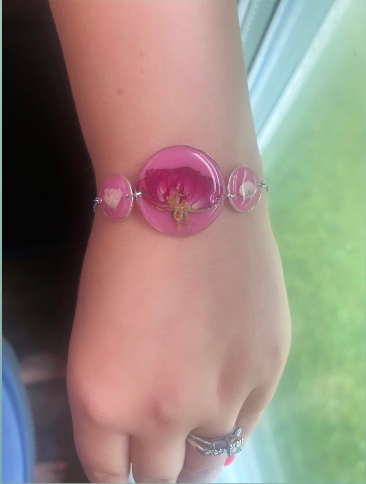 Pink/Silver Adjustable Bracelet| Rose & Baby’s Breath