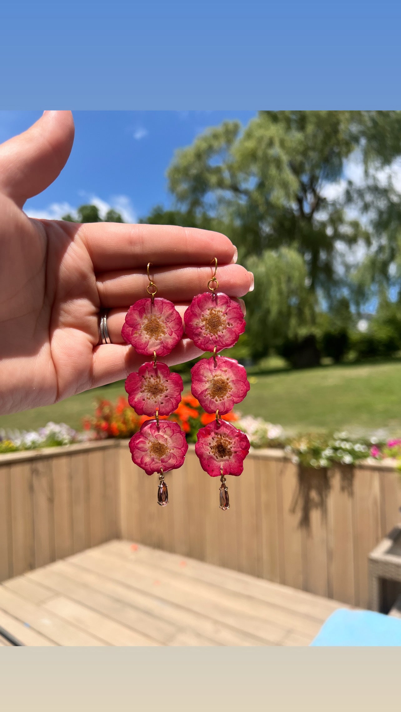 Rose dangles with crystal teardrop pendants