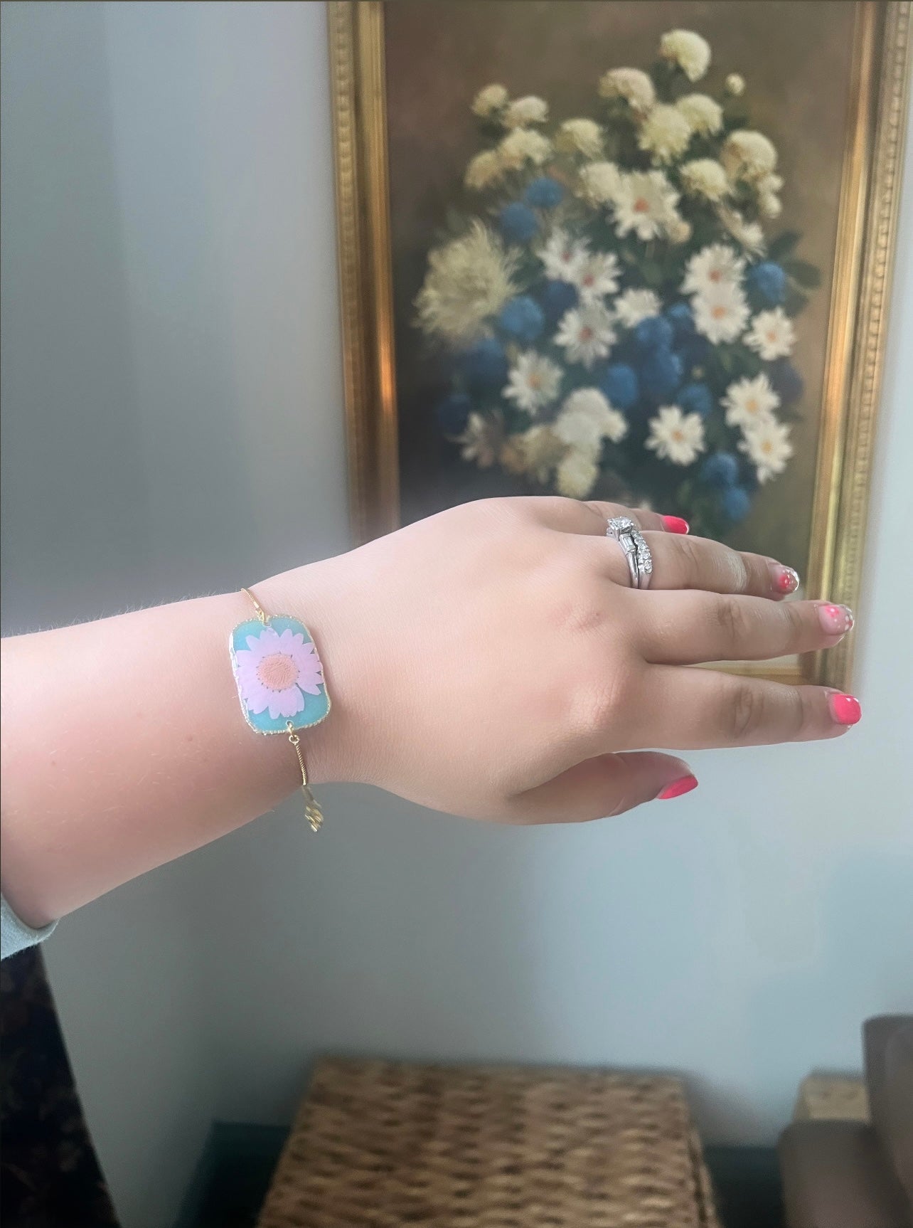 Teal Adjustable Bracelet| Pink Daisy