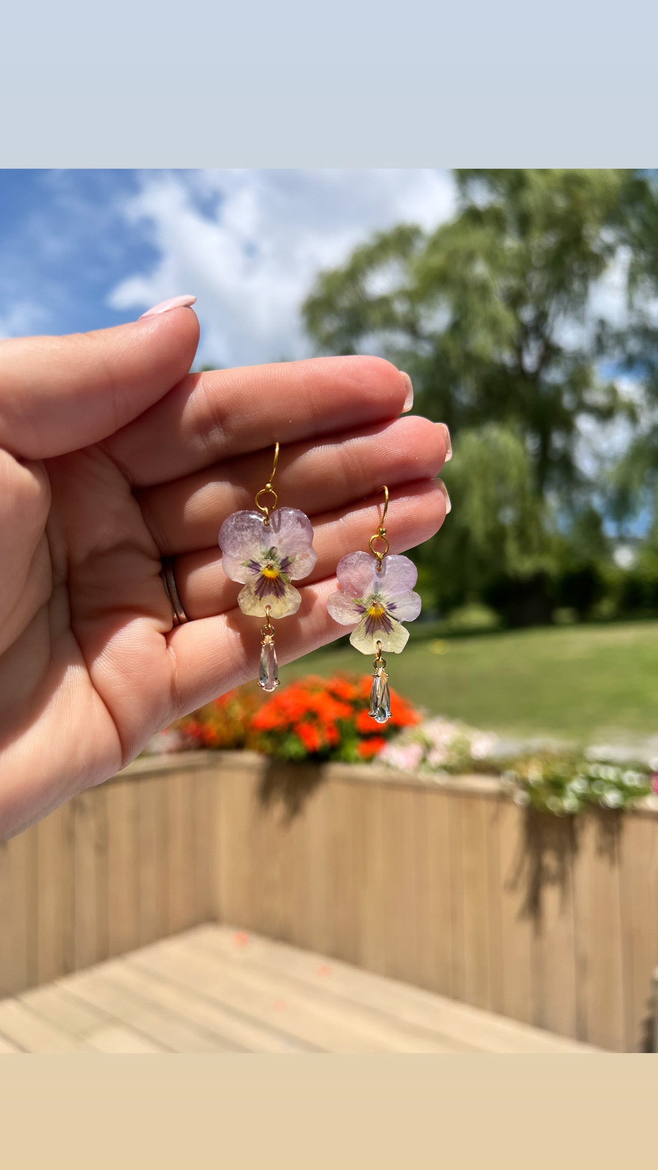 Pansy dangles with crystal teardrop pendants