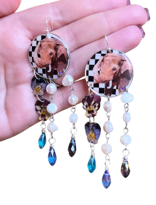 Elephant dangles with faux pearl and pansies