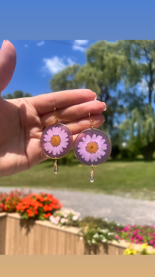 Purple daisies with crystal teardrop pendants