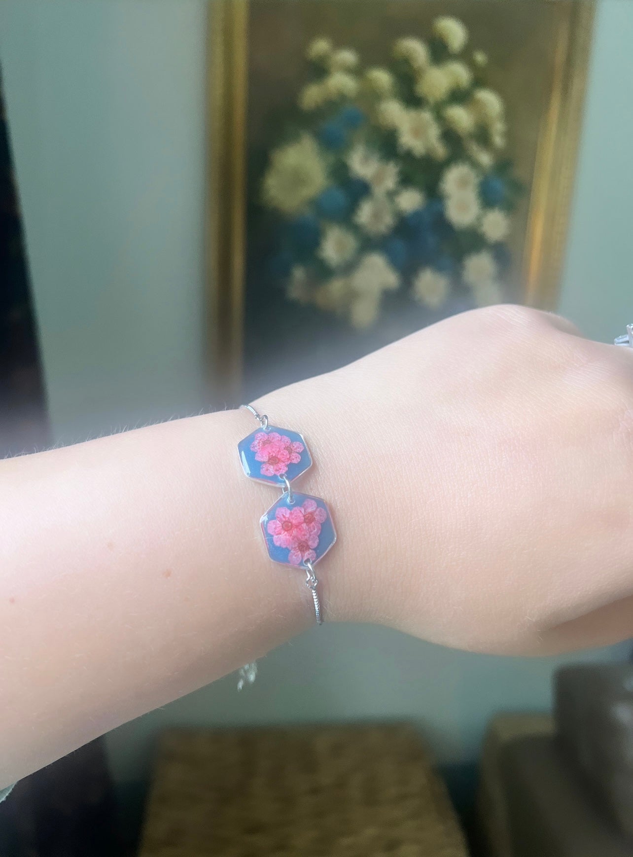 Blue Adjustable Bracelet| Pink Forget Me Nots