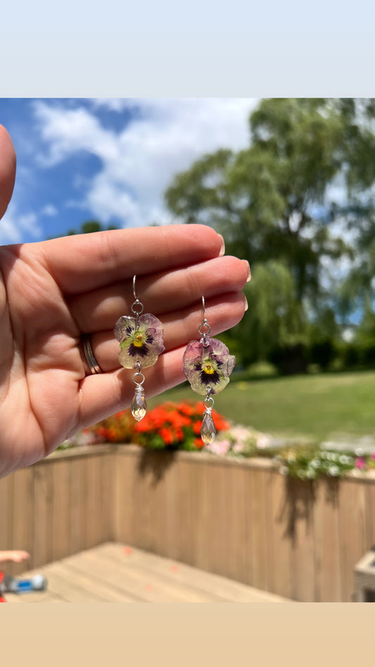 Pansy dangles with warm pink crystal pendants