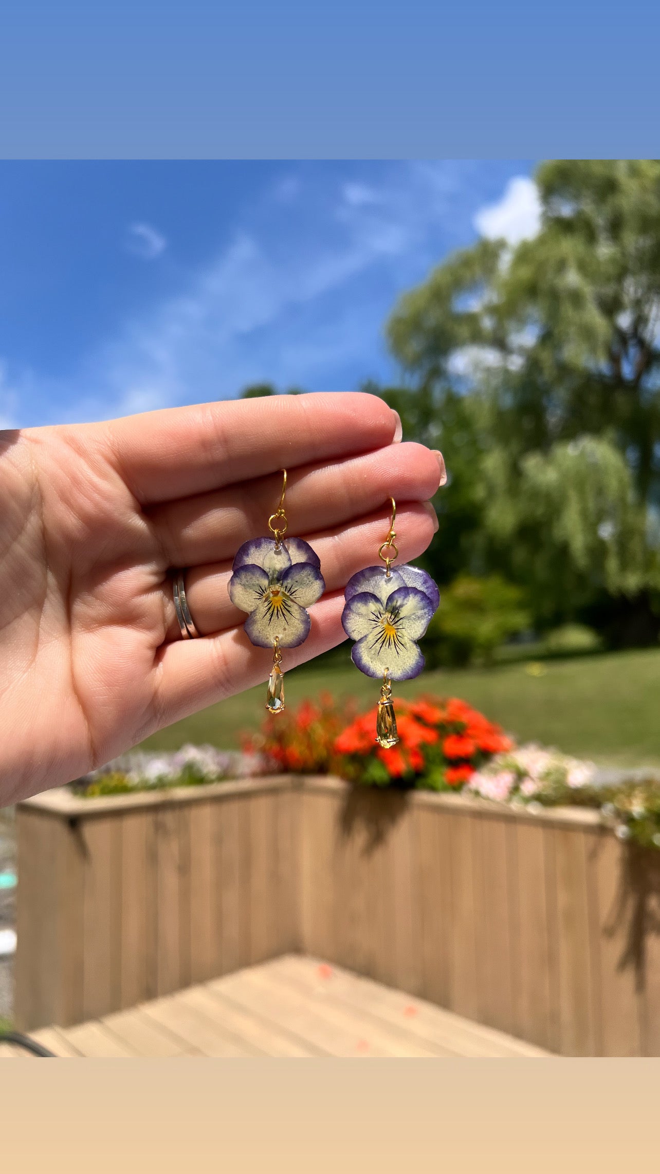 Pansy dangles with crystal teardrop pendants