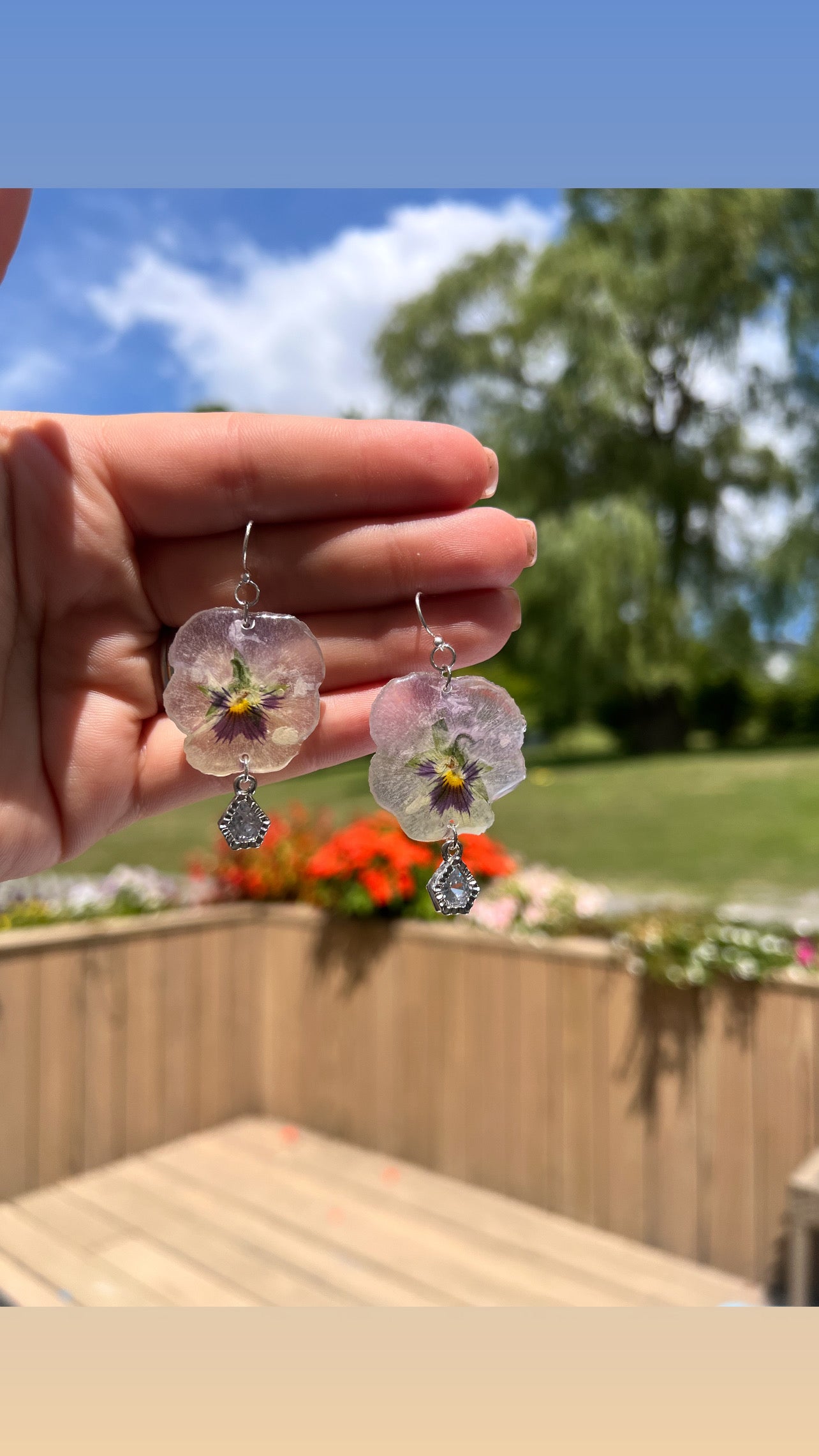 Pansy dangles with crystal pendants