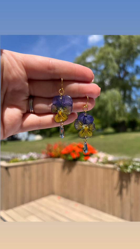 Pansy dangles with crystal teardrop pendants