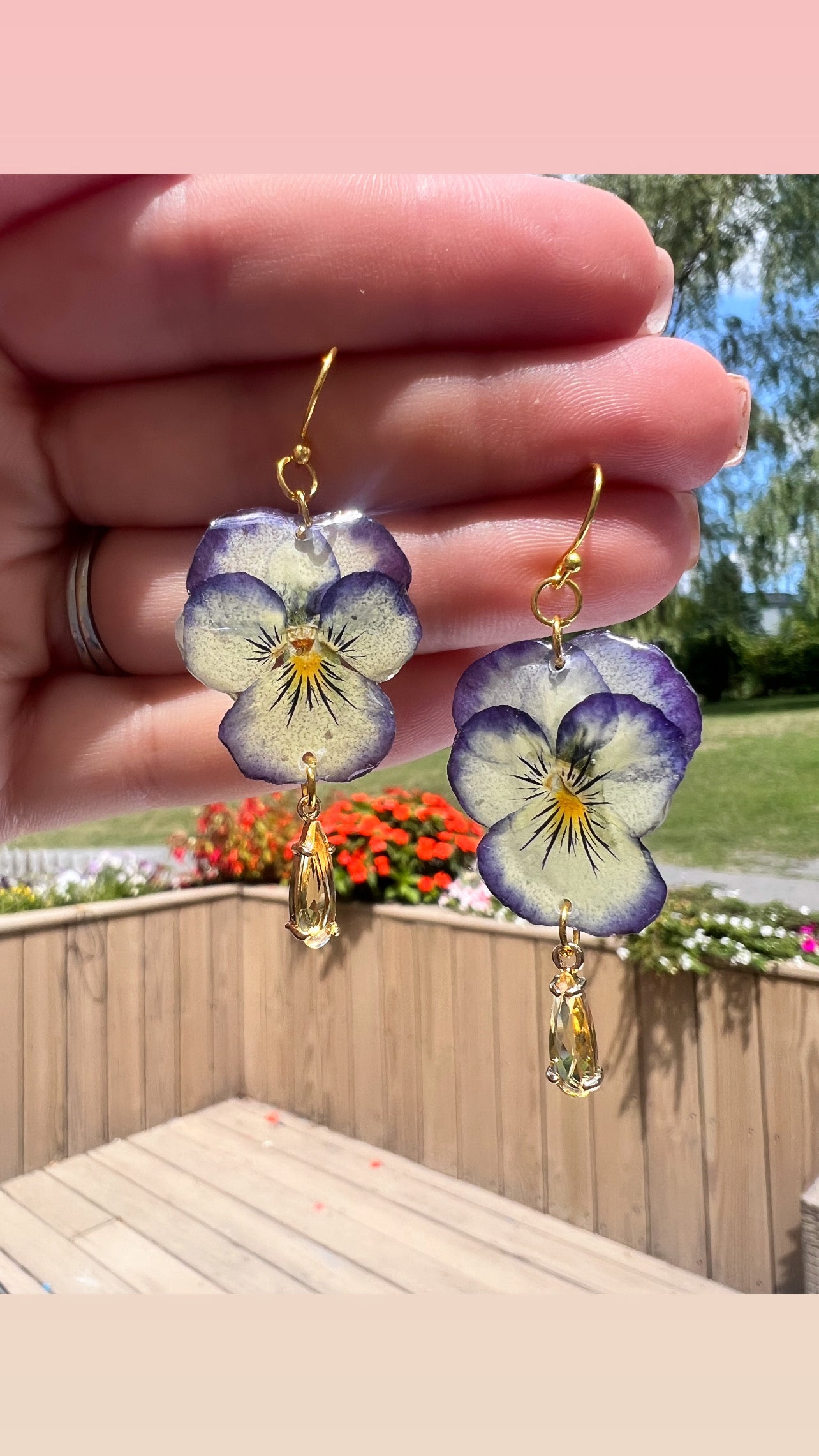 Pansy dangles with crystal teardrop pendants